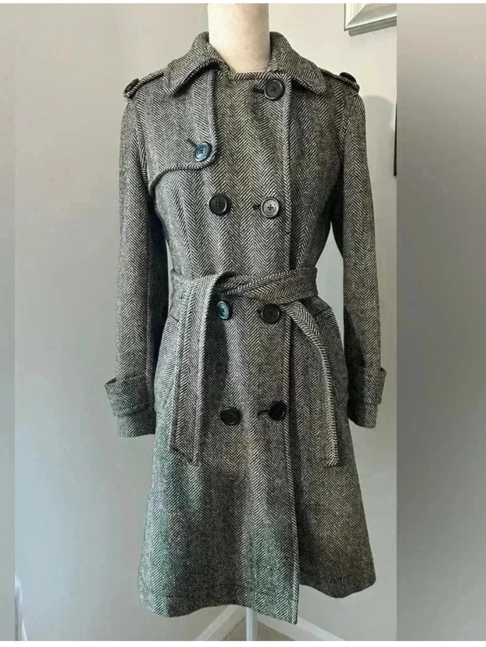 Vintage Y2K Gap Wool Blend Trench Coat Detachable Fur Herringbone Sz S